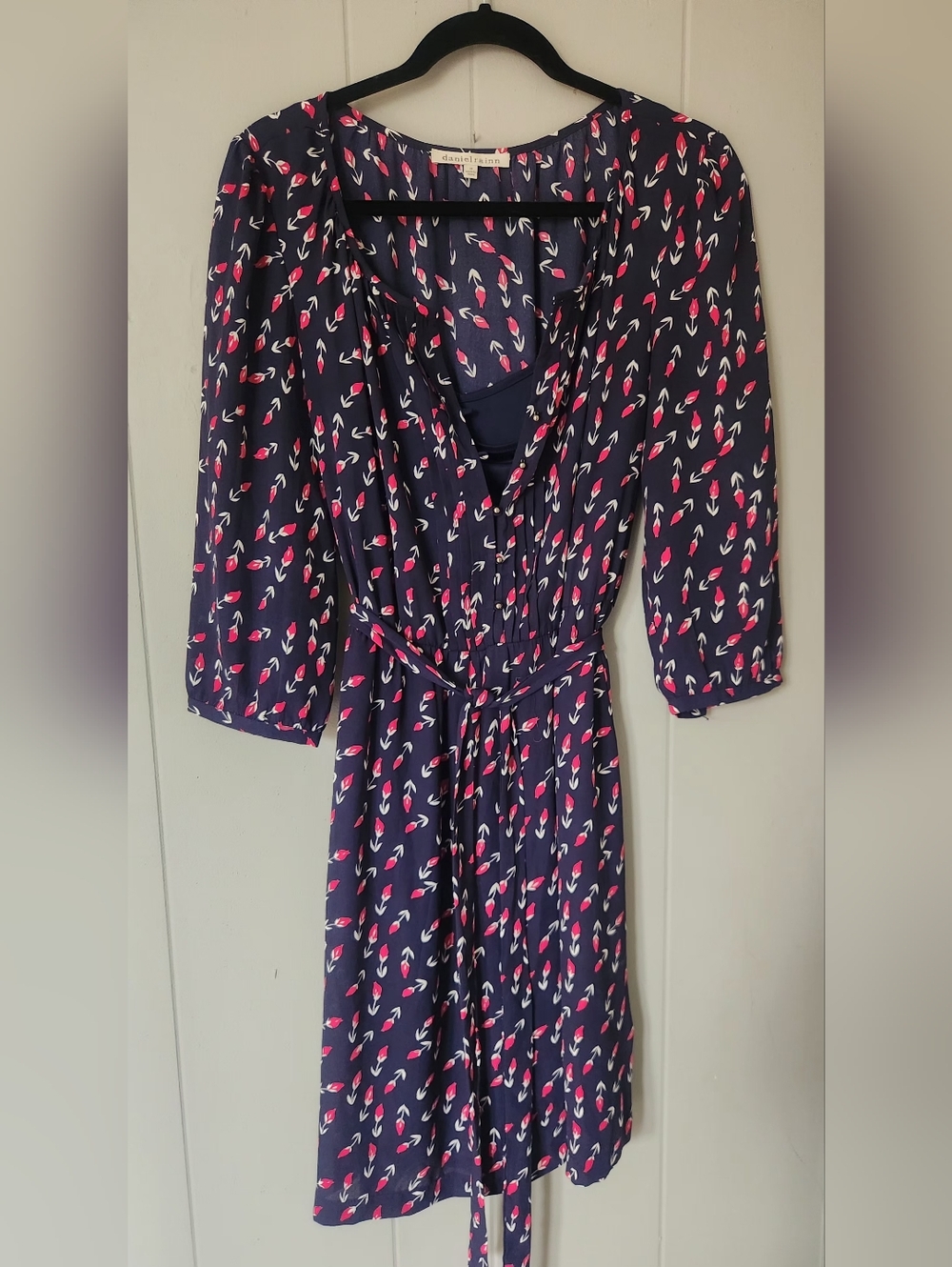 Daniel Rainn Navy Wrap Dress with Pink and White Floral Print